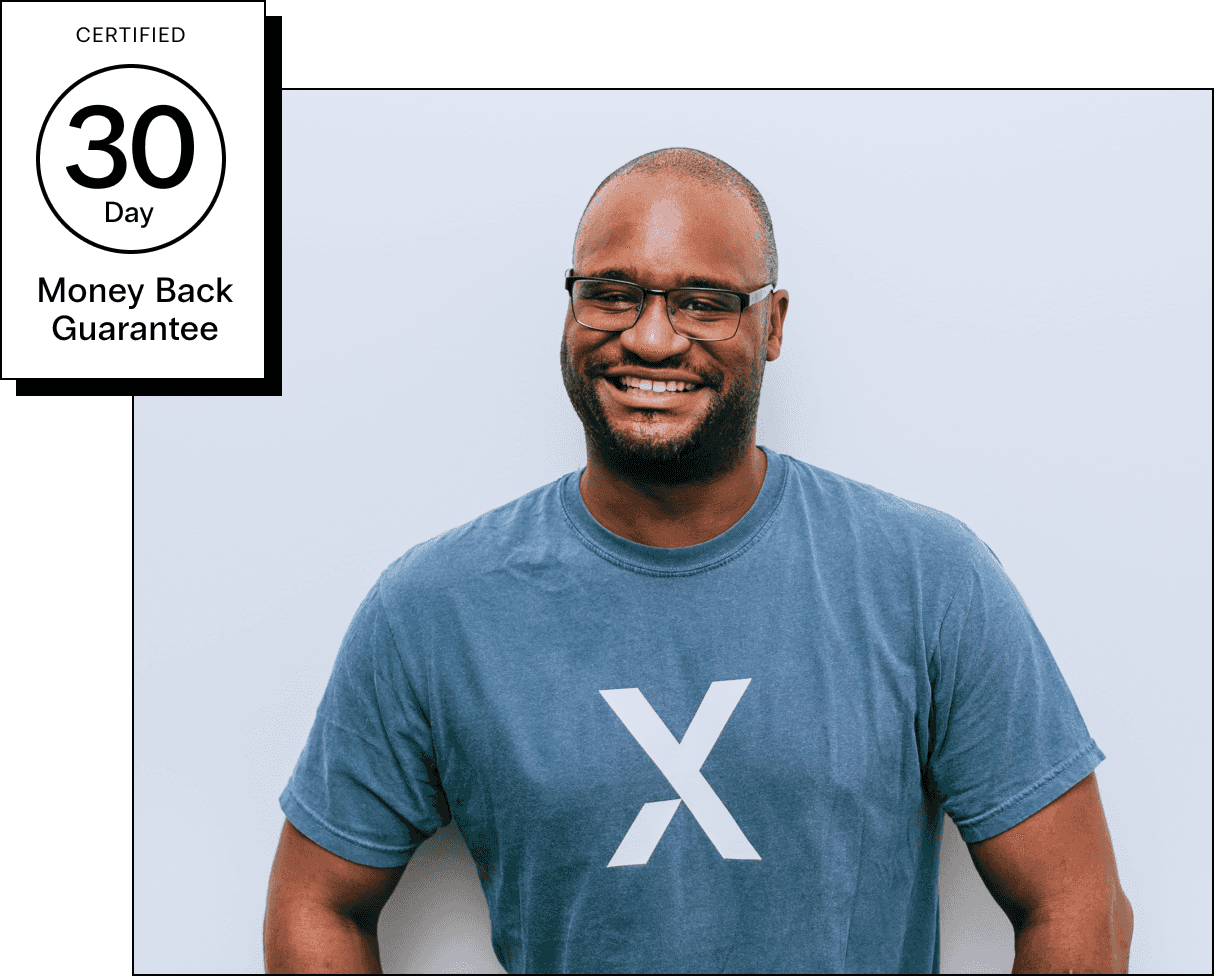 Billing support professional with glasses smiles in a Nexcess tshirt, a certified 30-day money-back guarantee stamp hovers above the image